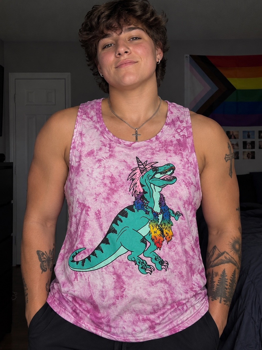 Tie Dye Fabulous Pride Unicorn Dino Muscle Tank by Well Worn, 100% Cotton, XL